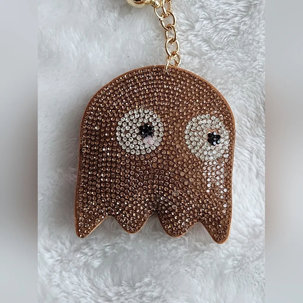 Pacman Brown Ghost Rhinestone Keychain Video Game Bag Charm - Picture 2 of 4